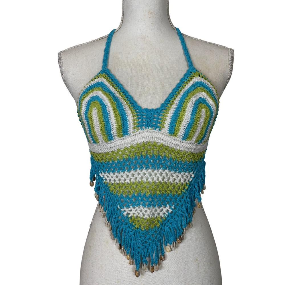 Crochet Halter Top Women XS Blue Boho Cowrie Shell Festival Tank Beach Mermaid